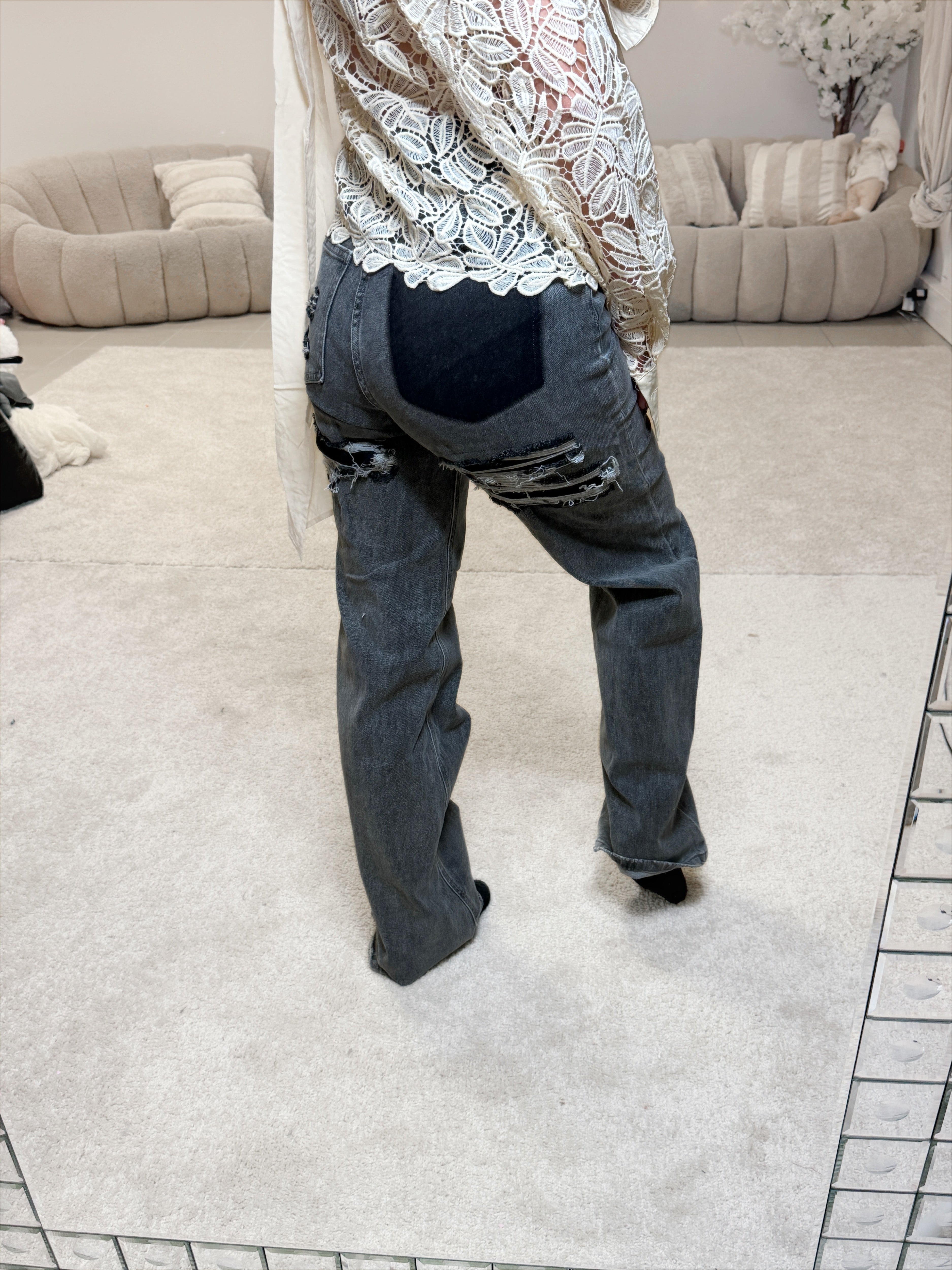 Jean mom troué gris